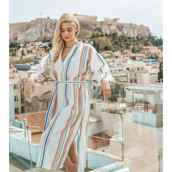 H&M x Lemlem Kaftan Dress Colorful Striped Lyocell - Picture 1 of 7